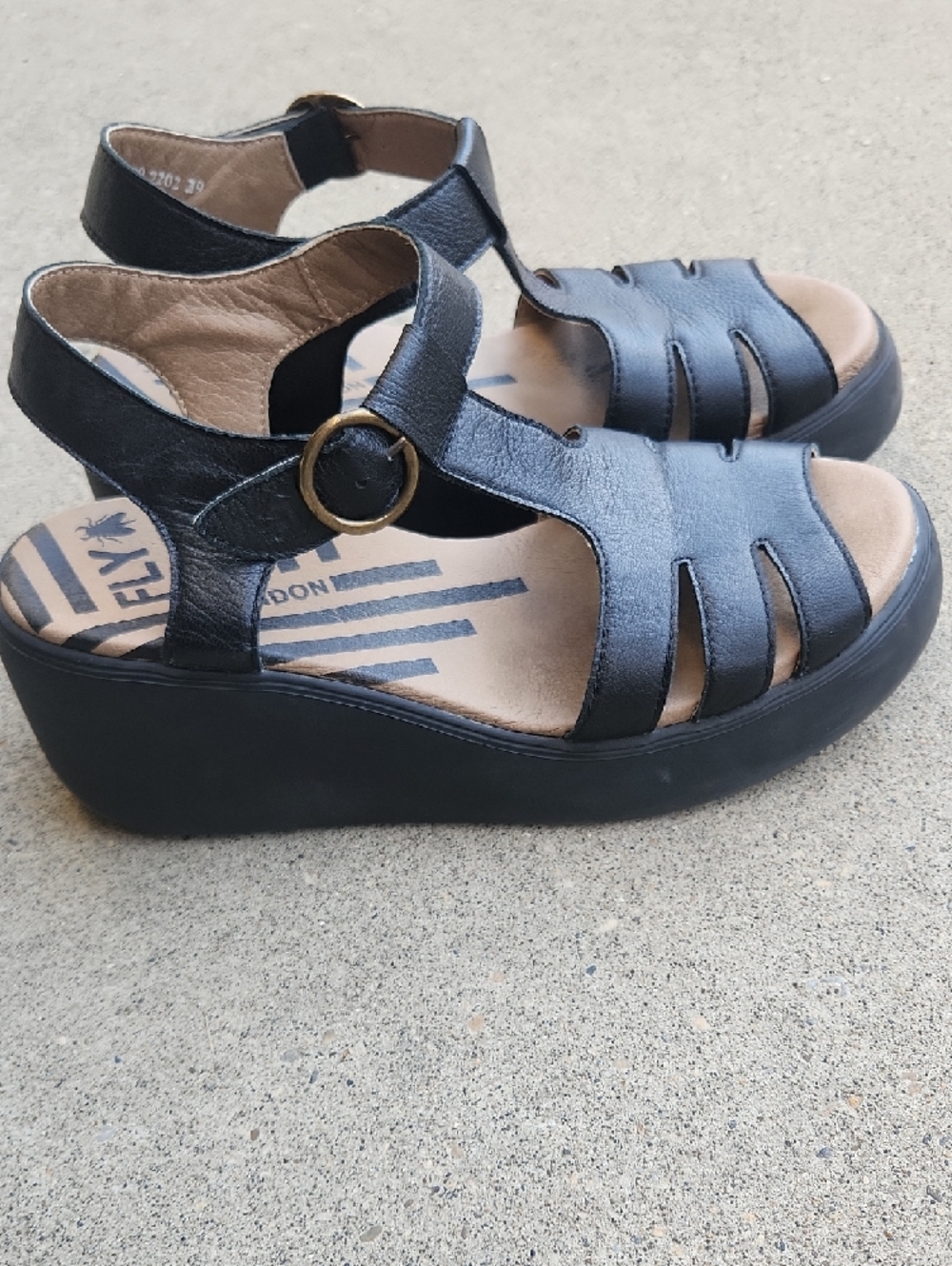 Fly London Black Leather Wedge Sandals with Buckle - Picture 9 of 9